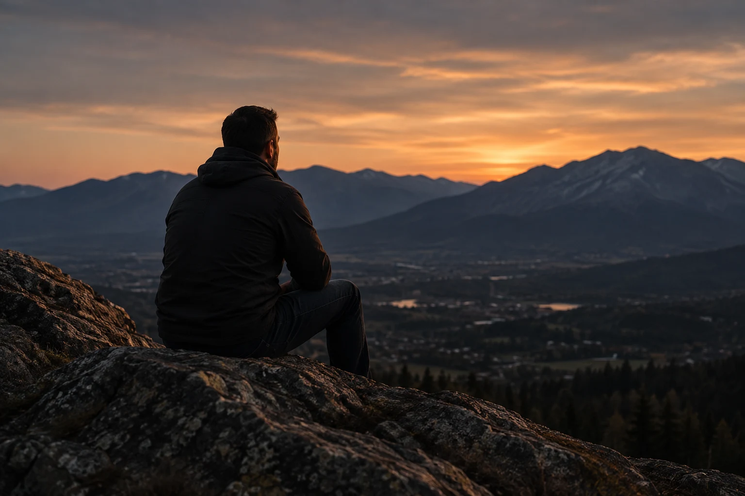 A seated man looking across a mountain valley at dusk